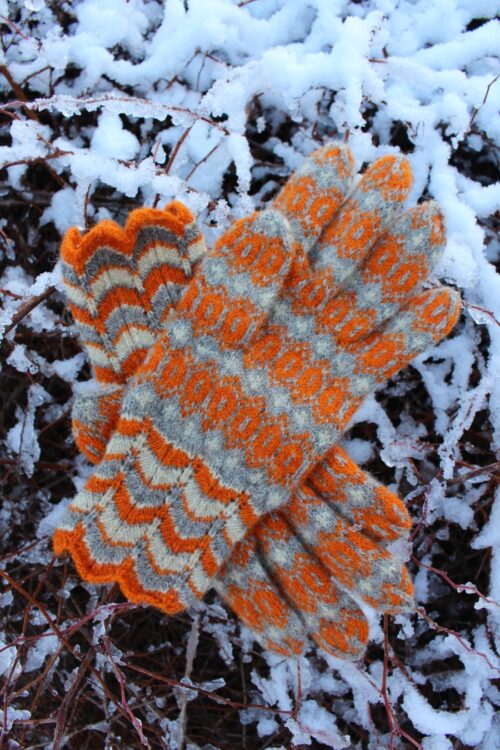 #228: Finely Knitted Seto Estonian Lady's Gloves in Meremäe Style in Orange Natural White Natural Grey Lacy Cuffs
