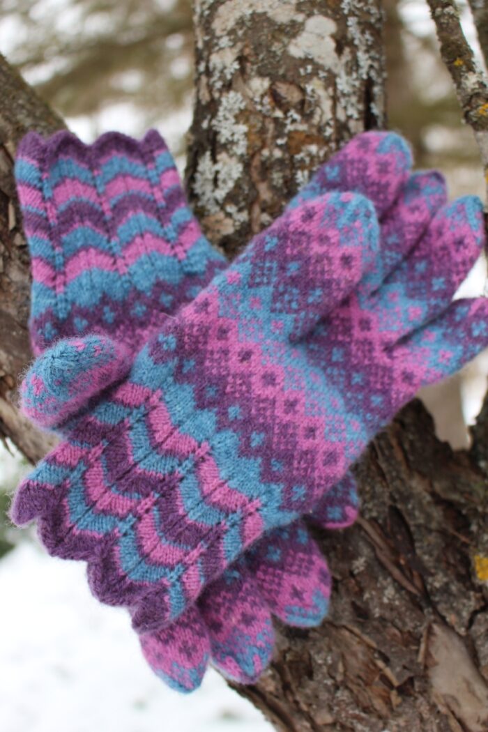 #230: Finely Knitted Estonian Lady's Gloves in Pink Purple and Periwinkle Lacy Cuffs - Image 9