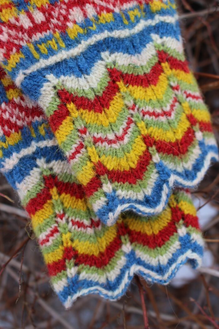 #232: Finely Knitted Estonian Lady's Gloves in Tarvastu Style Yellow Red Blue Natural White Green Lacy Cuffs - Image 2