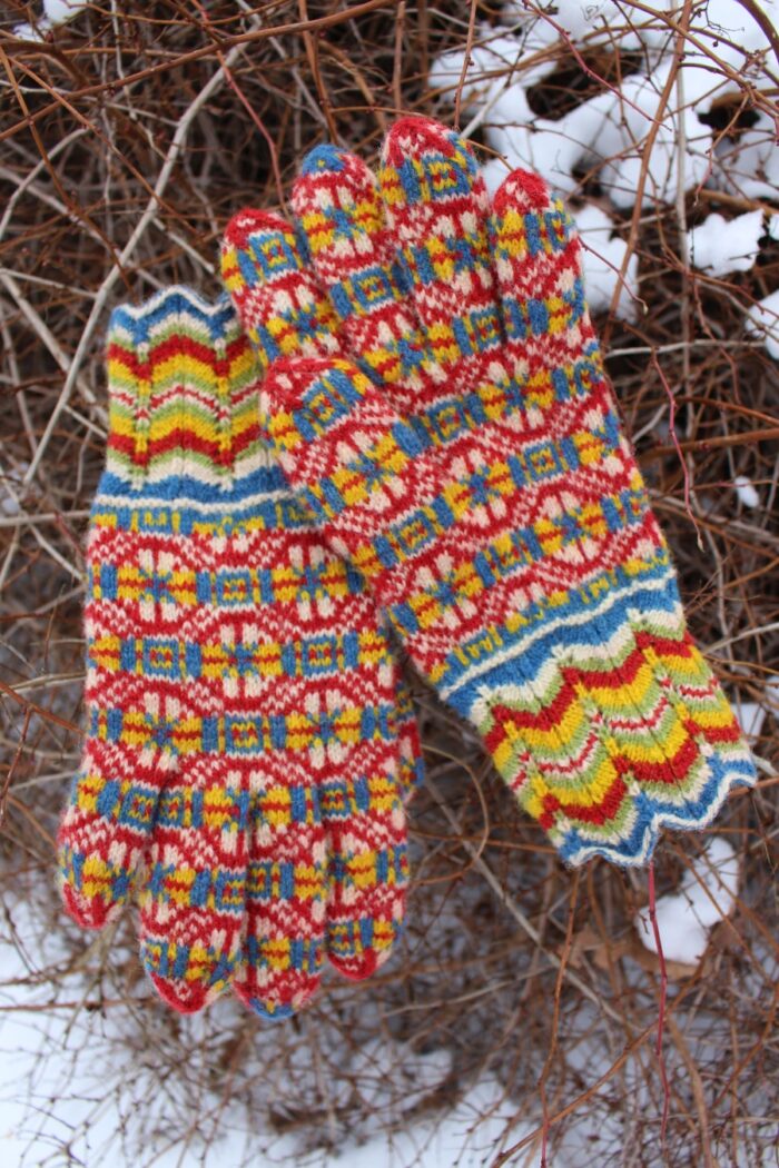 #232: Finely Knitted Estonian Lady's Gloves in Tarvastu Style Yellow Red Blue Natural White Green Lacy Cuffs - Image 3