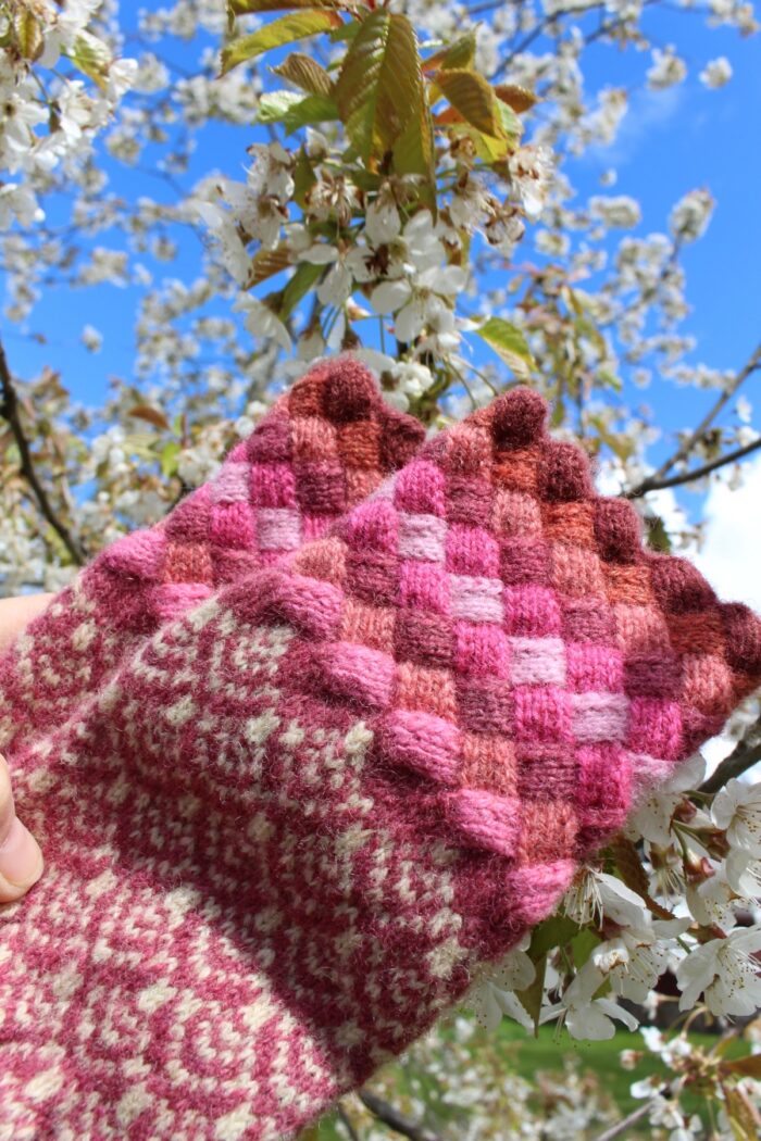 #234: Finely Knitted Estonian Gloves in Otepää Style with Pink Galore Entrelac Cuffs - Image 11