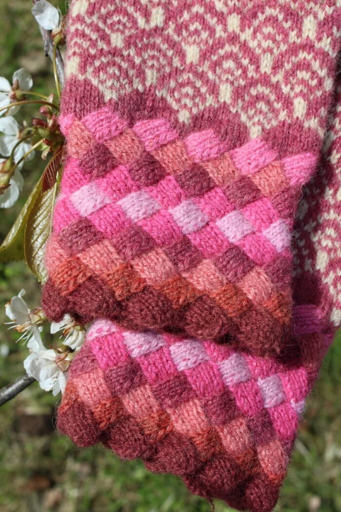 #234: Finely Knitted Estonian Gloves in Otepää Style with Pink Galore Entrelac Cuffs - Image 2