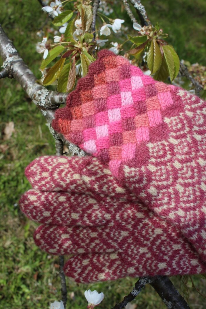 #234: Finely Knitted Estonian Gloves in Otepää Style with Pink Galore Entrelac Cuffs - Image 5