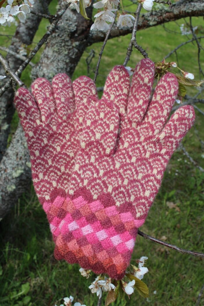 #234: Finely Knitted Estonian Gloves in Otepää Style with Pink Galore Entrelac Cuffs - Image 4