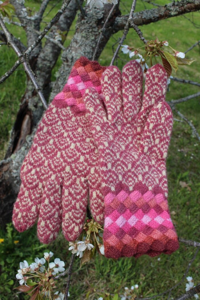 #234: Finely Knitted Estonian Gloves in Otepää Style with Pink Galore Entrelac Cuffs - Image 3