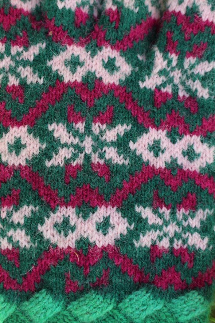 #237: Finely Knitted Estonian Lady's Gloves in Viljandi Style in Burgundy, Pink and Emerald Green - Image 4