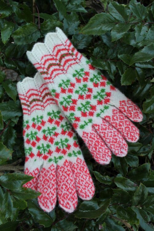 #256: Finely Hand Knitted Seto Estonian Gloves with Red Berries Green Leaves on White Lacy Cuffs