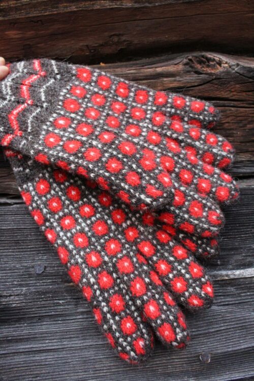 #259: Finely Knitted Estonian Lady's Gloves in Risti Style in Red and Natural Kihnu Island White and Brown Sheep Yarn