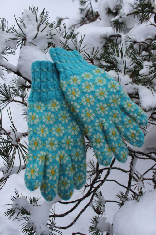 #261: Finely Knitted Estonian Gloves in Räpina Old Võro Style with Swirly Pattern in Turquoise Yellow Natural White with Daisies
