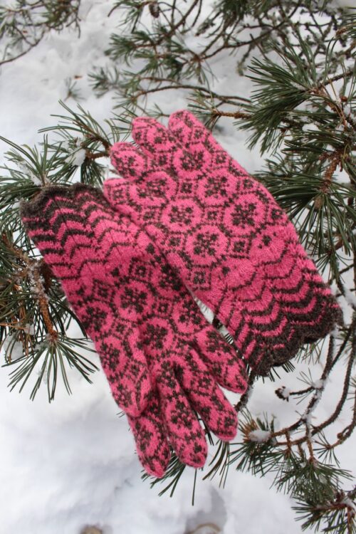 #262: Finely Hand Knitted Estonian Lady's Gloves in Leppoja Style in Pink and Natural Brown Wallpaper Pattern