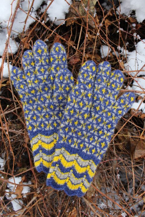 #264: Finely Knitted Seto Estonian Lady's Gloves in Lobodka Style in Navy Blue Yellow and Natural Grey Lacy Cuffs