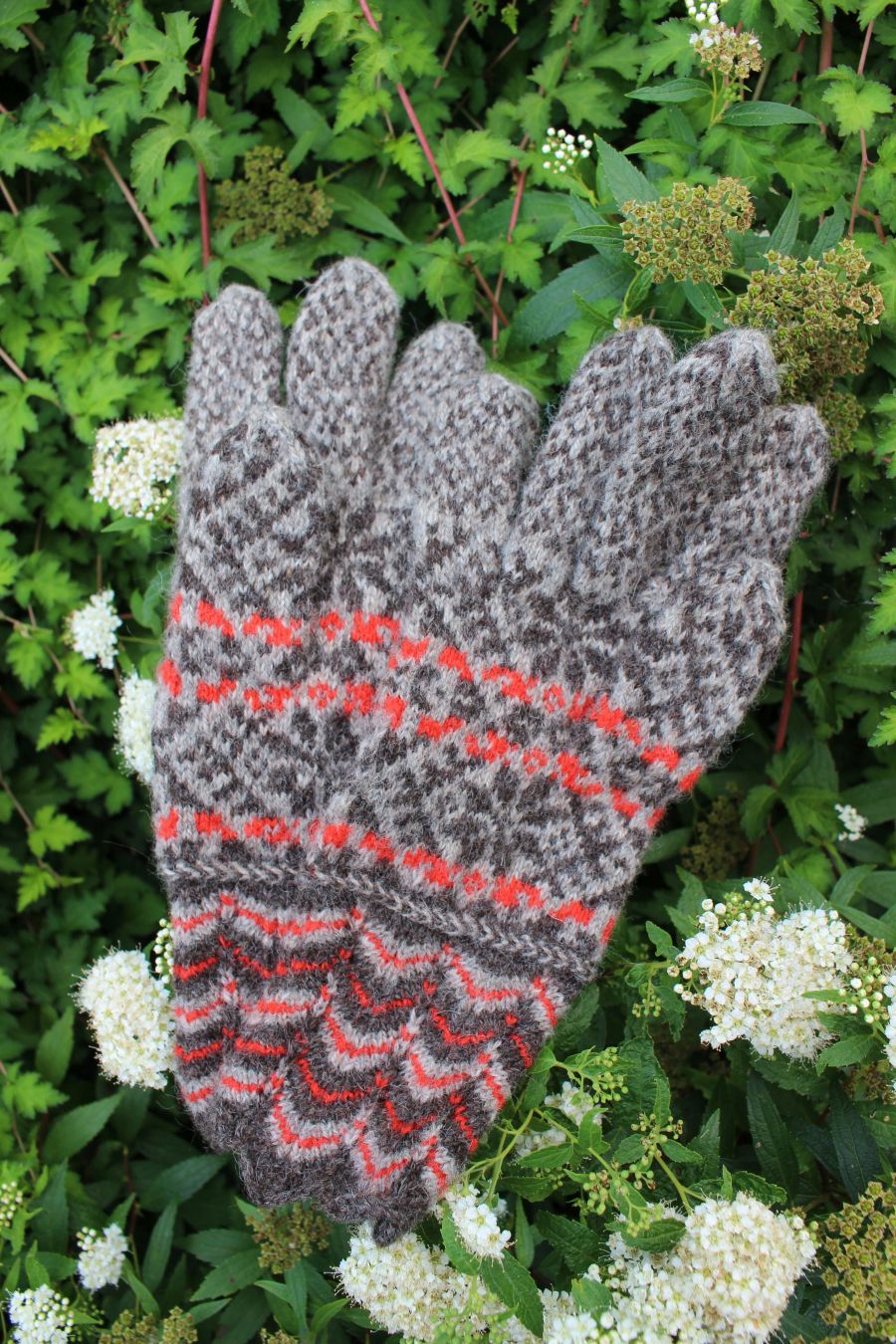 #266: Finely Knitted Estonian Lady's Gloves in Kihnu Style in Pink and Natural Grey and Natural Brown Yarn from Kihnu Island with Lacy Cuffs - Image 5