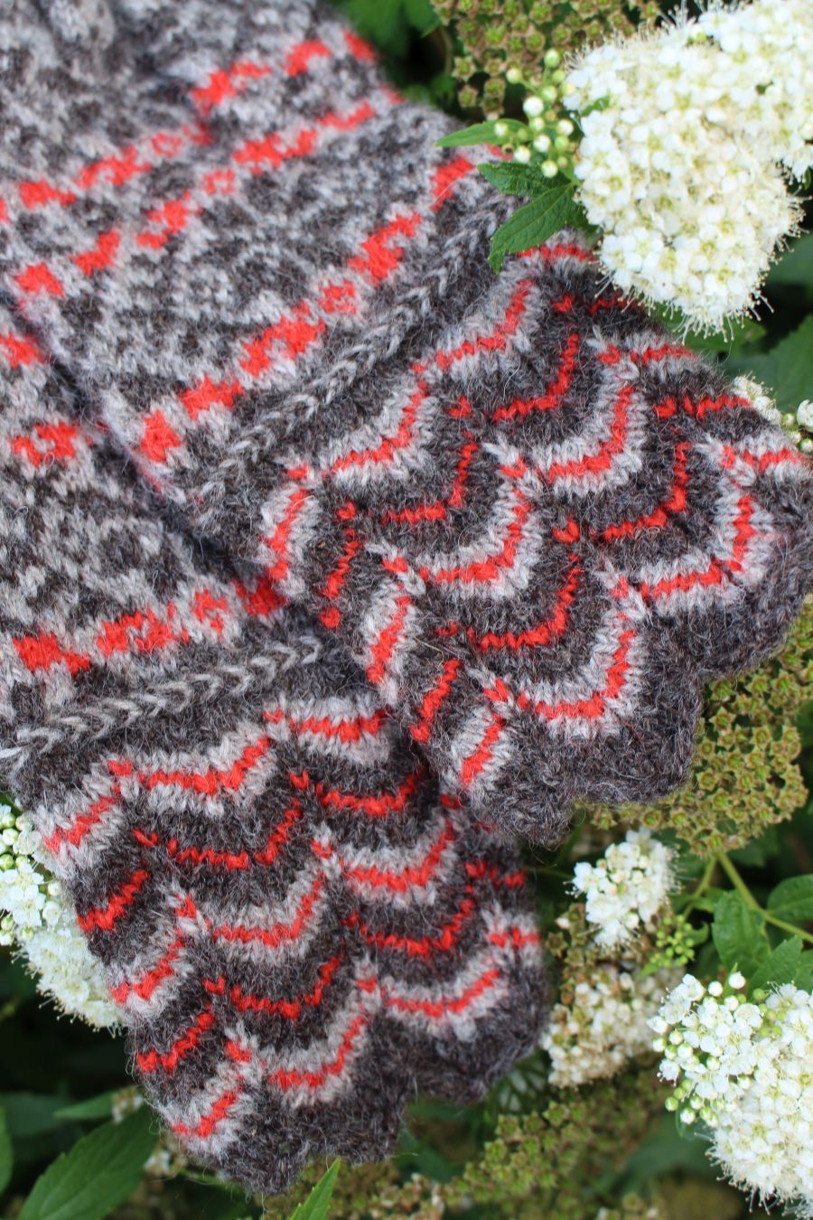 #266: Finely Knitted Estonian Lady's Gloves in Kihnu Style in Pink and Natural Grey and Natural Brown Yarn from Kihnu Island with Lacy Cuffs - Image 4