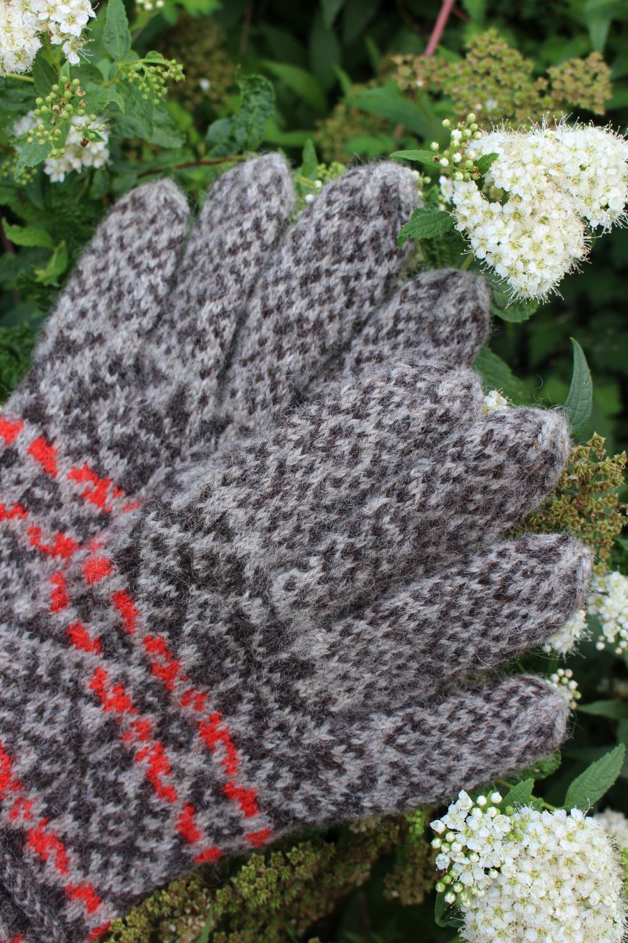 #266: Finely Knitted Estonian Lady's Gloves in Kihnu Style in Pink and Natural Grey and Natural Brown Yarn from Kihnu Island with Lacy Cuffs - Image 9