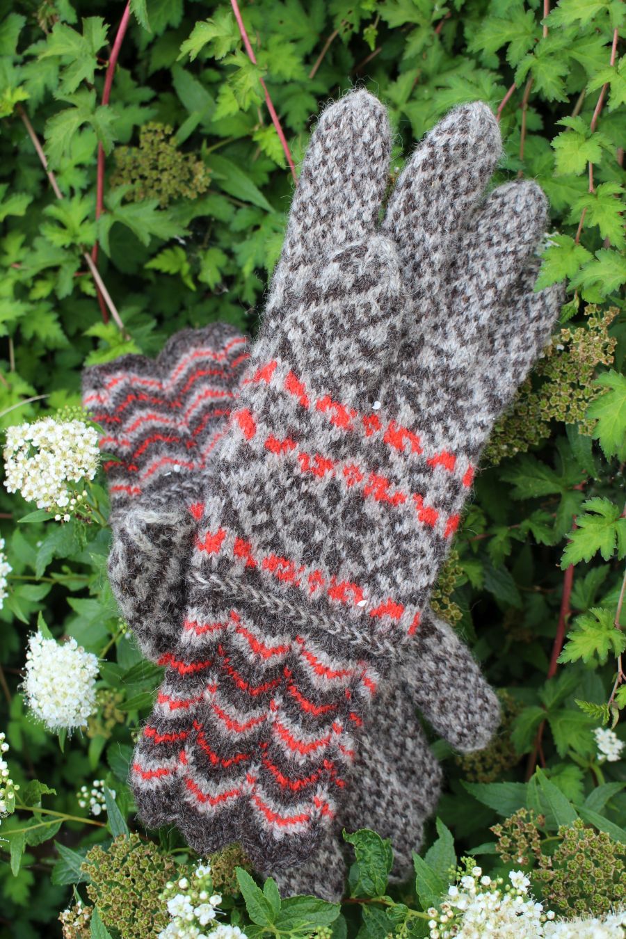 #266: Finely Knitted Estonian Lady's Gloves in Kihnu Style in Pink and Natural Grey and Natural Brown Yarn from Kihnu Island with Lacy Cuffs - Image 11