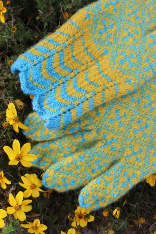 #265: Finely Knitted Estonian Lady's Gloves in Paistu Style in Light Blue and Yellow Cross Pattern and Lacy Cuffs
